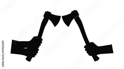 Two hands gripping axes in a striking black silhouette