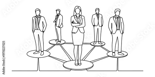 A line art illustration showing a group of business professionals standing on connected platforms Vector, illustration