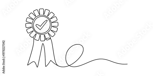 A single continuous line drawing of a quality award ribbon with a checkmark symbol inside of it. Vector, illustration