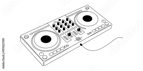 A simple black and white line art illustration of a digital dj controller with mixing console. Vector, illustration