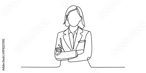 A minimalist single line drawing of a professional woman standing with her arms crossed firmly Vector, illustration