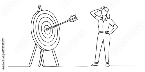 A line drawing of a woman contemplating an arrow that has successfully hit the target center. Vector, illustration