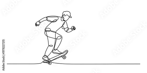 Continuous single line drawing of a young man wearing a cap riding a skateboard on the street. Vector, illustration