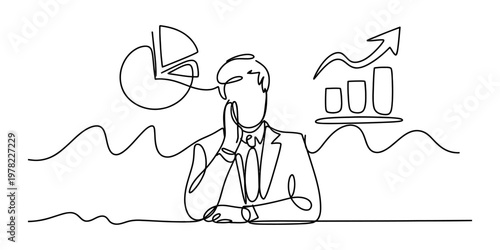 A continuous line drawing of a thoughtful businessman considering financial data and statistics Vector, illustration