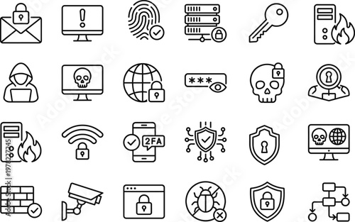 Cybersecurity threat and protection icon set featuring hacking, malware, firewall, encryption, secure access, biometric authentication, and network security concepts in modern line vector style