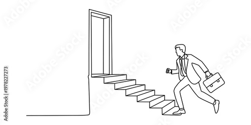 A business professional in a suit running up the stairs towards an open door representing success. Vector, illustration