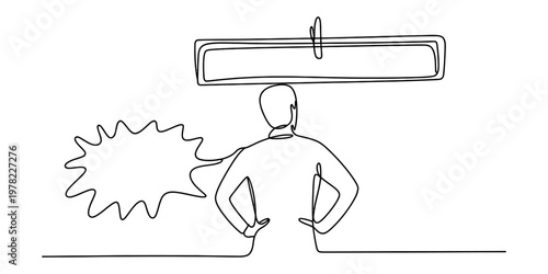 A continuous line drawing of a person thinking while standing under a large empty rectangular sign. Vector, illustration