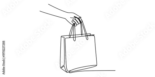 A single continuous line drawing of a person holding a blank shopping bag on a white background. Vector, illustration