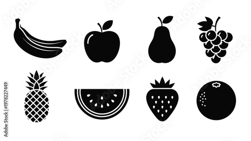 Variety of fruit icons presented in a striking black silhouette