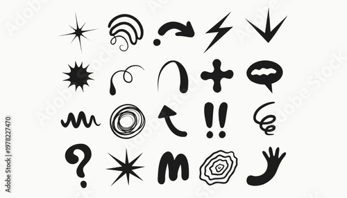 A grid of twenty black abstract symbols on a white background. Each mark has a distinct expressive shape stars, spirals, arrows, zigzags, question marks, exclamation points, and other geometric.