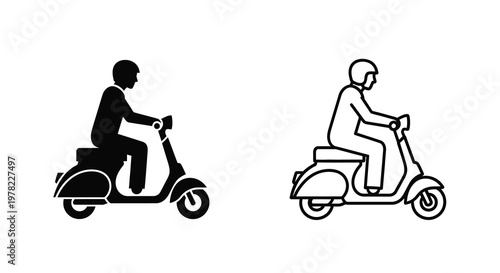 Two figures riding scooters depicted in a striking black graphic silhouette