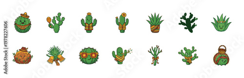 Happy Cartoon Desert Cactus Character Set
