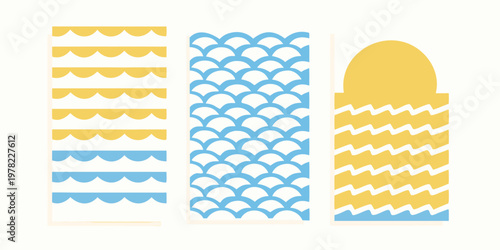 Abstract geometric patterns in yellow and blue arranged vertically