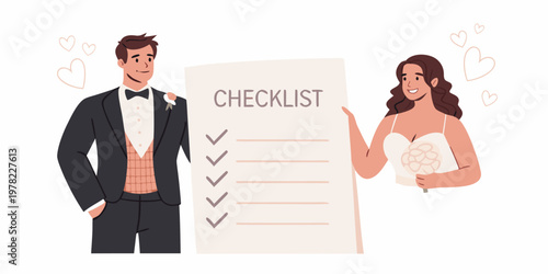Couple reviewing a wedding checklist with hearts floating around them