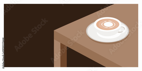 A cup of coffee sits on a wooden table angled overhead