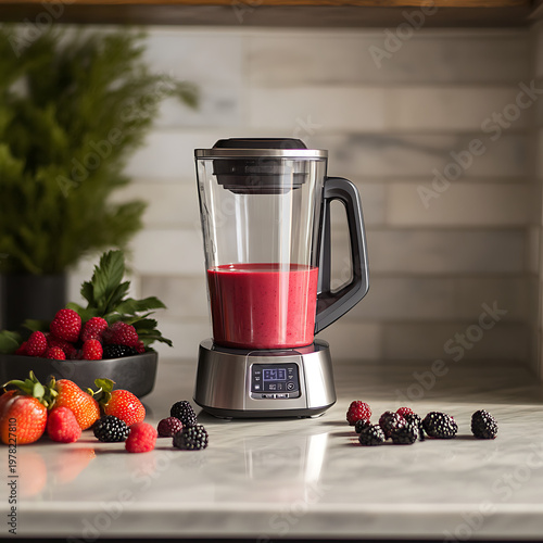 A blender filled with a red smoothie sits on a kitchen counter surrounded by fresh berries
