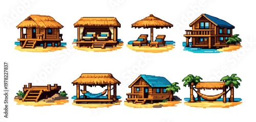 Beach huts and loungers arranged on sand and shallow water