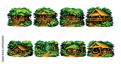 Wooden treehouse huts nestled in dense jungle canopy