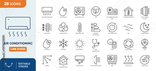 Air conditioning icon set. Contain icons related to cooling, heating, air ionization, and more. editable stroke. Vector illustration