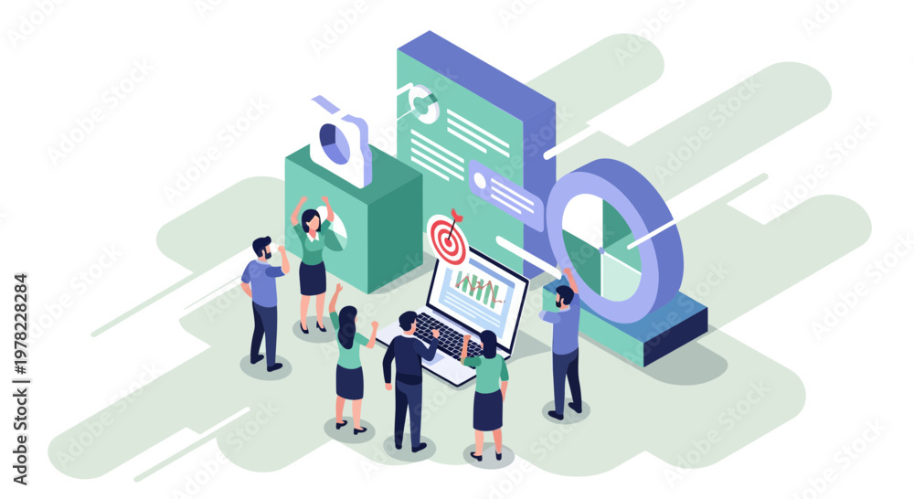 Fototapeta premium Business Team Reaching Targets and Analyzing Data Isometric Illustration