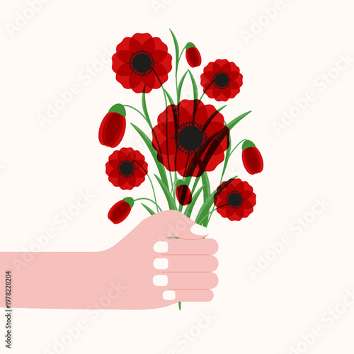 Summer concept. Vector illustration of Summer red poppy flowers bouquet in flat hand isolated light beige background. Perfect for hello Summer poster card cover. EPS 10