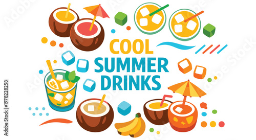 Collection of refreshing summer beverages including coconut water citrus cocktails with mint and ice cubes surrounded by bananas and citrus slices on white background for menu design.