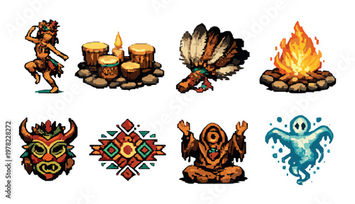 Tribal ritual icons arranged in grid on dim gradient background