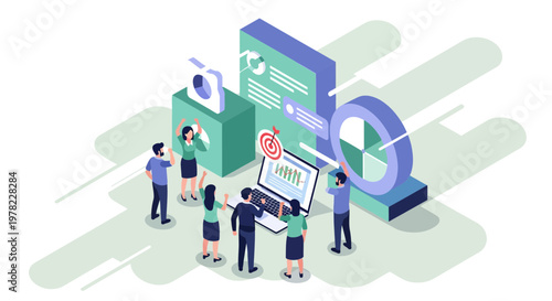 Business Team Reaching Targets and Analyzing Data Isometric Illustration