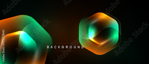 Abstract neon shapes overlap, creating vibrant gradients. Dark background emphasizes glowing forms, modern design element.