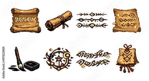Parchment scrolls and magical runes on warm parchment backdrop