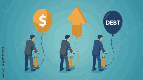 Conceptual illustration of increasing money, financial growth, and rising debt