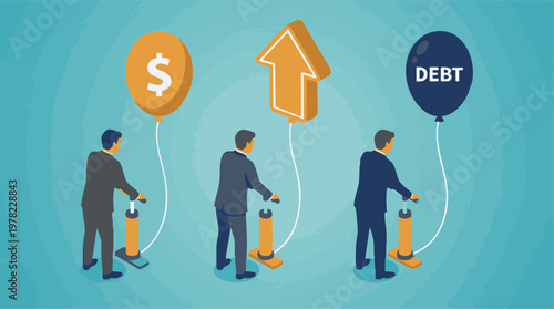 Businessmen inflating balloons symbolizing money, growth, and debt management