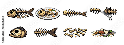 Fish skeletons and leftovers arranged on neutral surface