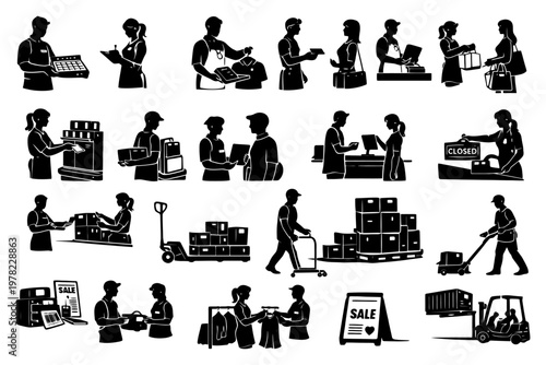 Retail and logistics silhouettes depicting commercial activities and interactions.