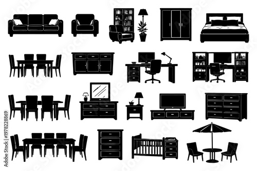 Set of black silhouette home furniture icons including sofa, bed, desk, and dining tables.