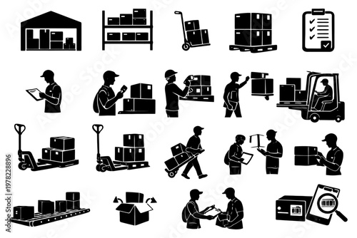 Warehouse logistics illustrated: workers, pallets, forklift, and inventory management.