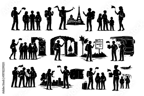 Silhouettes of tourists exploring global landmarks and urban scenes.