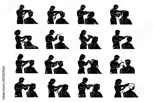 Silhouette of barber and client at salon for haircut and styling.