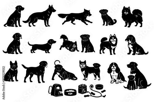 Silhouette collection of various dog breeds and accessories.