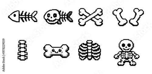 Pixel skeleton and bone icons arranged on gray background