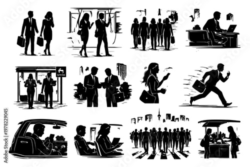 Business professionals in urban commute and city life activities in silhouette.