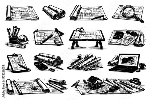 Collection of architectural blueprint sketches and drafting tools.