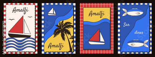 Perfect Italy Amalfi vertical poster cover set. Italian Dolce Vita vector illustration theme for Summer background card poster cover print with sardines island yacht beach EPS 10
