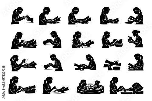 Female silhouettes of shoe repair and polishing in various poses.