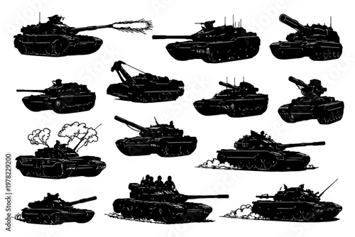 Various military tanks silhouettes in combat and maneuvering poses.