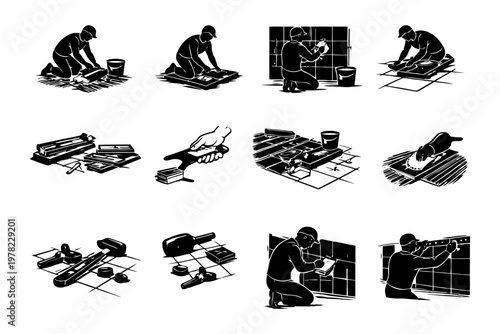 Silhouettes of workers installing tiles with various tools and techniques.