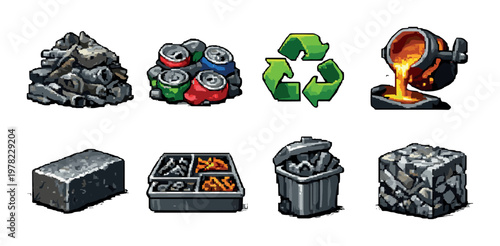 Scrap and recycling items with smelting pour on gray background