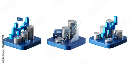Transparent Digital 3D Stock Market Analysis in PNG with Growth Charts and Financial Investment Data. 3D Stock Market Trading Concept.