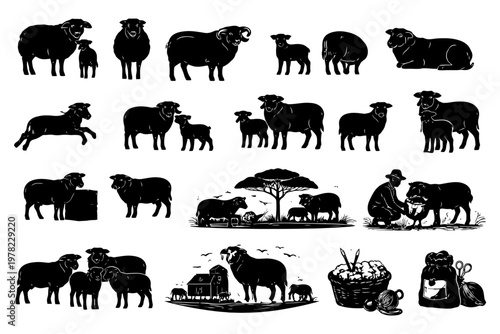 Silhouette sheep collection: diverse poses, farm scenes, and care activities.