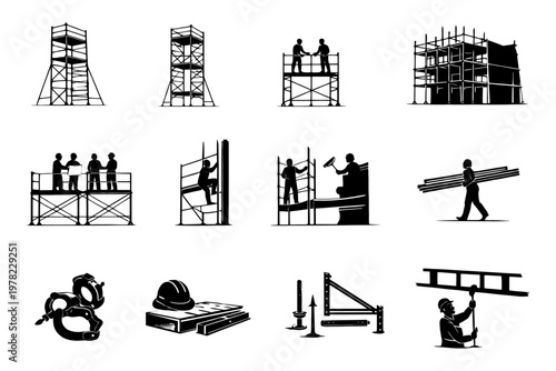 Scaffolding construction process and tools silhouettes.